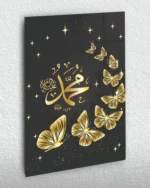 Muhammed Lafzı Yazılı Altın Kelebek Motifli Kırılmaz Temperli Cam Tablo