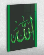 Allah Lafzı Yeşil Işıltılı Kırılmaz Temperli Cam Tablo