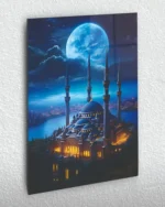Gece Manzaralı Aydınlatılmış Camii Kırılmaz Temperli Cam Tablo