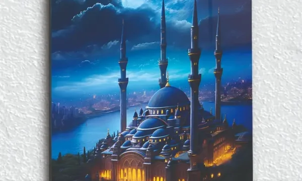 Gece Manzaralı Aydınlatılmış Camii Kırılmaz Temperli Cam Tablo
