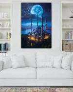 Gece Manzaralı Aydınlatılmış Camii Kırılmaz Temperli Cam Tablo - Görsel 2