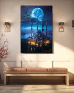 Gece Manzaralı Aydınlatılmış Camii Kırılmaz Temperli Cam Tablo - Görsel 3