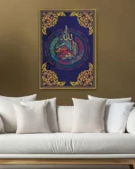 Mavi Zemin Üzerine Renkli ve Altın Hat Sanatı Kırılmaz Temperli Cam Tablo - Görsel 5