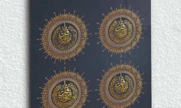 Lacivert Zemin Üzerine Altın Hatlı Besmele ve Dört Halife Kırılmaz Temperli Cam Tablo