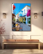 Alaçatı Sokaklarında Renkli Evler Temperli Cam Tablo - Görsel 3