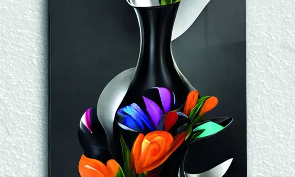 Siyah Vazo İçinde Renkli Çiçekler Temperli Cam Tablo