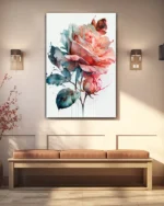 Suluboya Tarzı Pembe Gül Desenli Temperli Cam Tablo - Görsel 3