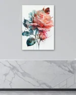 Suluboya Tarzı Pembe Gül Desenli Temperli Cam Tablo - Görsel 4