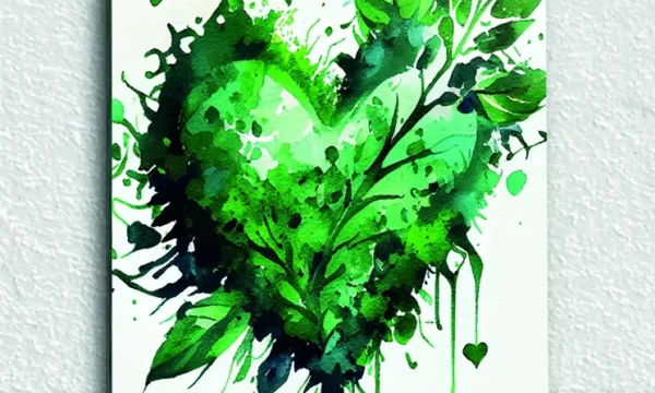 Yeşil Yapraklı Kalp Su Boyası Temperli Cam Tablo