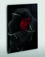 Dikenli Eldeki Kırmızı Gül Temperli Cam Tablo