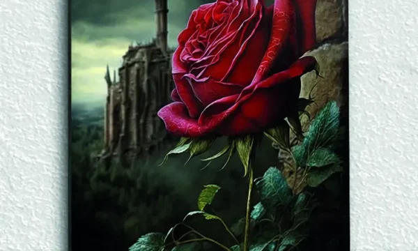 Şatolu Manzarada Kırmızı Gül Temperli Cam Tablo