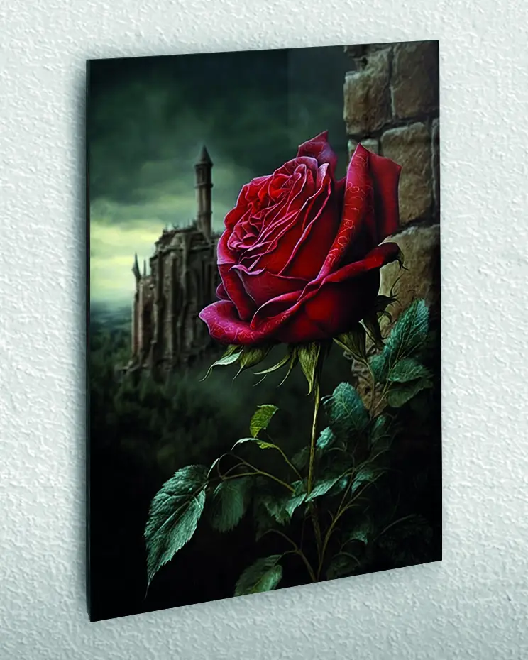DDOG129_1-1.webp Şatolu Manzarada Kırmızı Gül Temperli Cam Tablo - Görsel 1