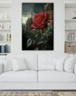 Şatolu Manzarada Kırmızı Gül Temperli Cam Tablo - Görsel 2