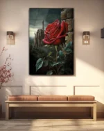 Şatolu Manzarada Kırmızı Gül Temperli Cam Tablo - Görsel 3
