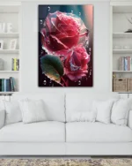 Kristal Damlacıklı Çift Gül Temperli Cam Tablo - Görsel 2