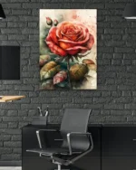Suluboya Kırmızı Gül ve Yapraklar Temperli Cam Tablo - Görsel 6