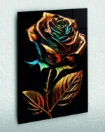 Altın ve Turkuaz Dokulu Gül Temperli Cam Tablo