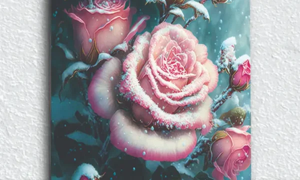 Karlı Pembe Gül Demeti Temperli Cam Tablo