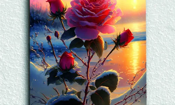 Karlı Gül ve Gün Batımı Temperli Cam Tablo