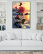 Karlı Gül ve Gün Batımı Temperli Cam Tablo - Görsel 2