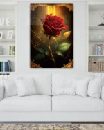 Altın Çerçeveli Kırmızı Gül Temperli Cam Tablo - Görsel 2