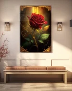 Altın Çerçeveli Kırmızı Gül Temperli Cam Tablo - Görsel 3