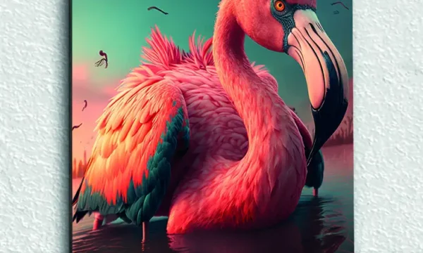 Göl Manzarasında Pembe Flamingo Temperli Cam Tablo