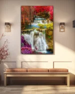 Renkli Ormanda Şelale Manzarası Temperli Cam Tablo - Görsel 3