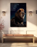 Yıldızlı Gökyüzünde Aslan Temperli Cam Tablo - Görsel 3