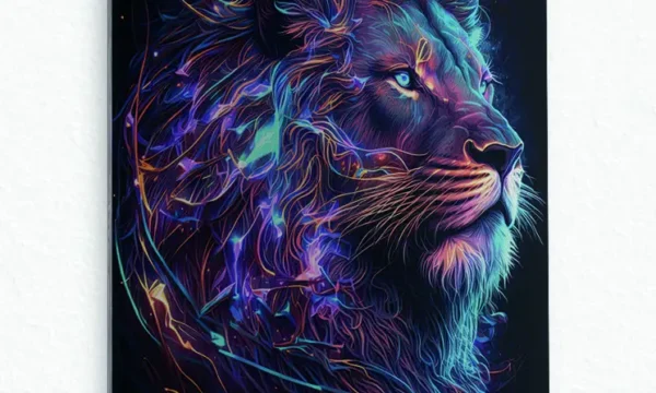 Neon Işıklı Aslan Temperli Cam Tablo