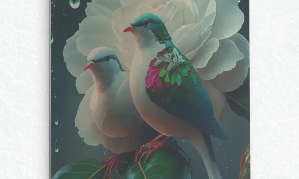 Beyaz Çiçek Üzerinde İki Güvercin Temperli Cam Tablo