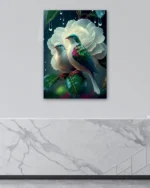 Beyaz Çiçek Üzerinde İki Güvercin Temperli Cam Tablo - Görsel 4