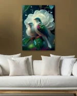 Beyaz Çiçek Üzerinde İki Güvercin Temperli Cam Tablo - Görsel 5