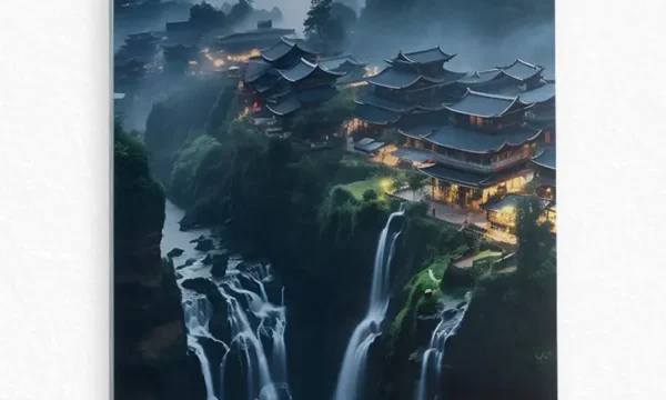 Şelale Üstü Tapınak Manzarası Temperli Cam Tablo