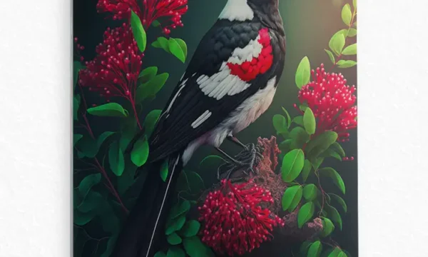 Kırmızı Çiçekler Arasındaki Kuş Temperli Cam Tablo