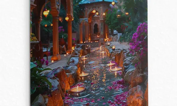 Huzurlu Bahçe ve Mum Işığı Atmosferi Temperli Cam Tablo