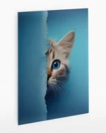 Mavi Fon Üzerinde Meraklı Kedi Temperli Cam Tablo