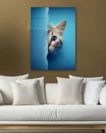 Mavi Fon Üzerinde Meraklı Kedi Temperli Cam Tablo - Görsel 5