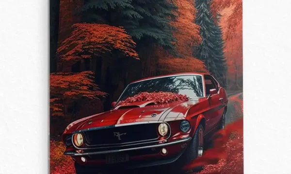 Sonbahar Ormanında Kırmızı Klasik Mustang Temperli Cam Tablo