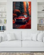 Sonbahar Ormanında Kırmızı Klasik Mustang Temperli Cam Tablo - Görsel 2