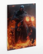 Alevler İçinde Siyah Motosiklet Sürücüsü Temperli Cam Tablo