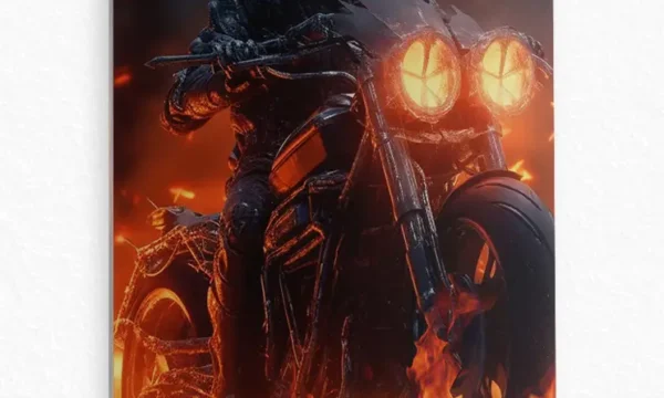 Alevler İçinde Siyah Motosiklet Sürücüsü Temperli Cam Tablo