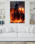 Alevler İçinde Siyah Motosiklet Sürücüsü Temperli Cam Tablo - Görsel 2