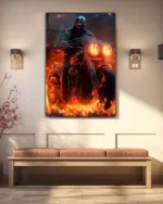 Alevler İçinde Siyah Motosiklet Sürücüsü Temperli Cam Tablo - Görsel 3