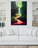 Ormanda Şelale ve Işık Hüzmesi Temperli Cam Tablo - Görsel 2