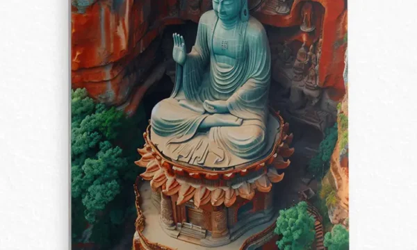 Budist Tapınak Heykeli ve Kaya Oyma Detaylı Temperli Cam Tablo